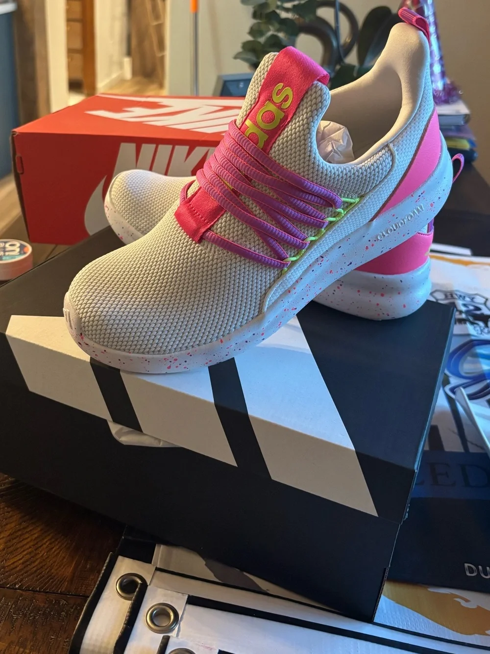 adidas Kids Athletic Sneakers in Pink and Cream with Neon Green Accents